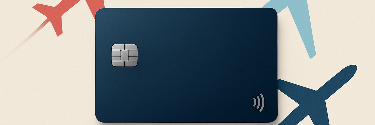 A generic dark blue credit card on a beige background with different colored airplanes.