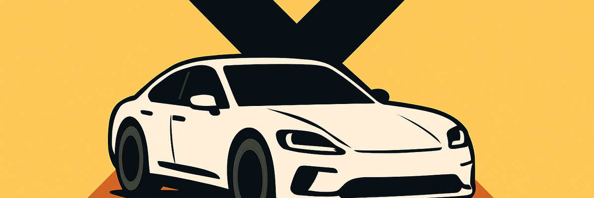 A white sports car with a black and dark orange "X" behind it on a yellow background.