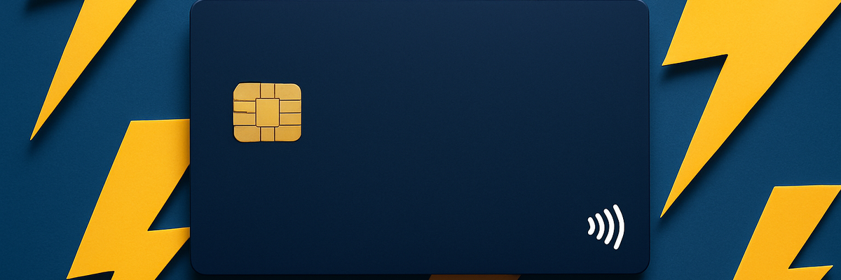 A generic dark blue credit card on background with lightning bolts.